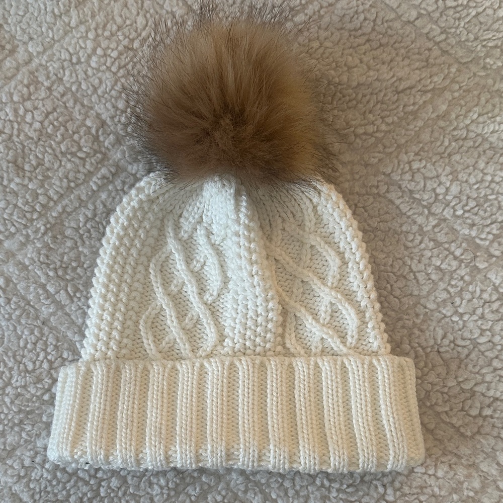 Urban Outfitters Cream Knit Hat with Brown Pom-Pom